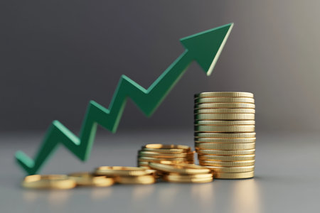 3d render of green upward arrow with gold coins on gray background illustrating business growthの写真素材