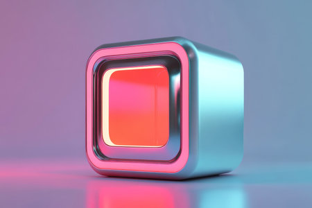 Matte silver rounded square with glowing interior and playful light on gradient backgroundの写真素材