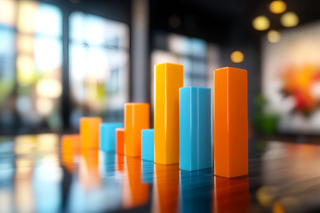 Dynamic 3d bar graph in orange and blue symbolizing economic growth and market research insights