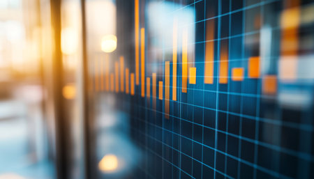 Elegant blue and orange bar graph against blurred office background with subtle sunlight and shadowsの写真素材