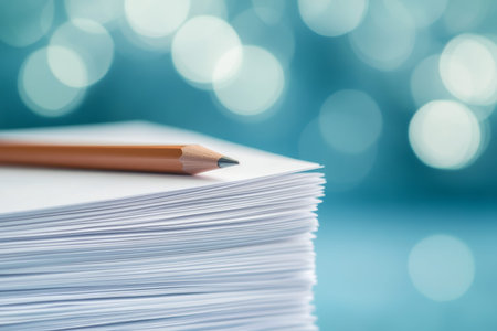 A stack of white papers with a pencil on top set against a blurred blue background