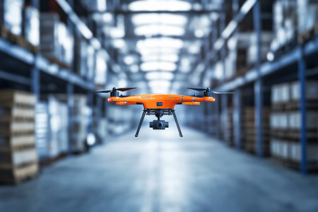Orange drone soars through modern warehouse, showcasing digital technology in realistic daylightの写真素材