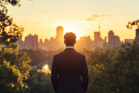 Businessman in suit overlooking urban skyline at sunset with trees and water in viewの写真素材