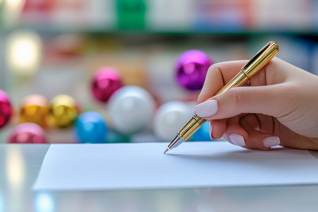 Nurse s hand writing on blank paper with blurred pharmacy and colorful christmas decor backgroundの写真素材