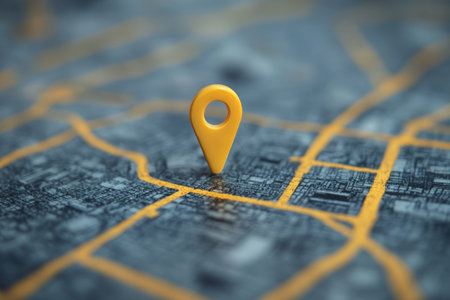 Stylized urban map featuring a vibrant yellow location pin on a street in a photographic captureの写真素材