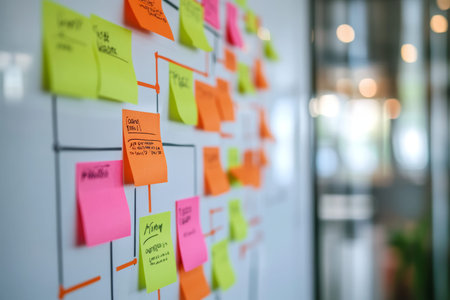 Flowchart of business innovation with colorful sticky notes for sustainable growth in office setting