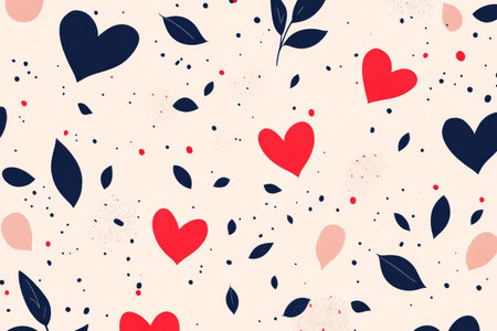 Charming hand drawn seamless pattern of hearts and leaves in soft pastel pink for special occasions