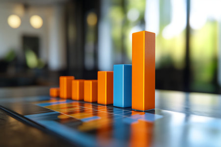 3d rendered bar graph in orange and blue on table symbolizing market research and economic growthの写真素材
