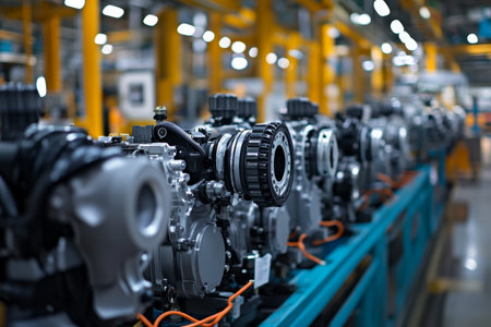 Diverse range of electric and motor controlled engines on automotive production line front view