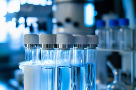 Macro shot of white and blue water filter cylinders with silver necks arranged on a laboratory table