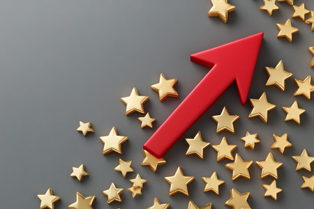 3d visualization of golden stars and red arrow signifying business success on gray backgroundの写真素材