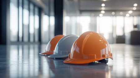 Vibrant 3d rendering of colorful construction helmets in a modern office with soft lighting effectsの写真素材