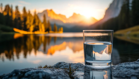 A serene sunrise at an alpine lake water glass reflects mountains and trees in soft focusの写真素材