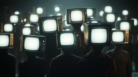 Fantasy scene of a crowd with vintage tvs for heads in a dark cinematic atmosphereの写真素材