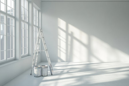 Bright modern minimalist room with light gray accents under sunlightの写真素材