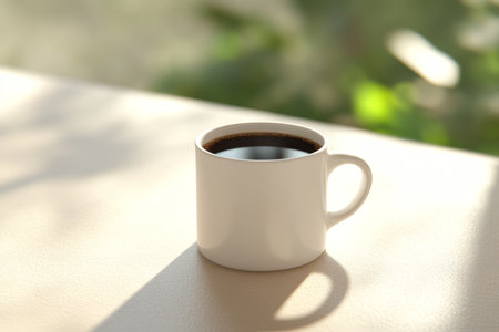 Minimalist front view of a white coffee mug on a beige table with ample copy spaceの写真素材