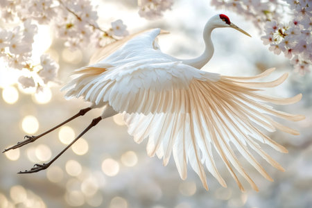 Elegant white crane soaring amidst blooming cherry blossoms with artistic feather details