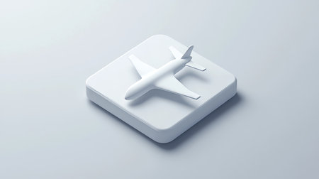 Isometric minimalistic airplane icon with soft shadows on a gradient gray backgroundの写真素材