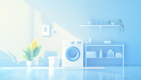 Charming vector illustration of a washing machine in blue tones with minimalist design elementsの写真素材