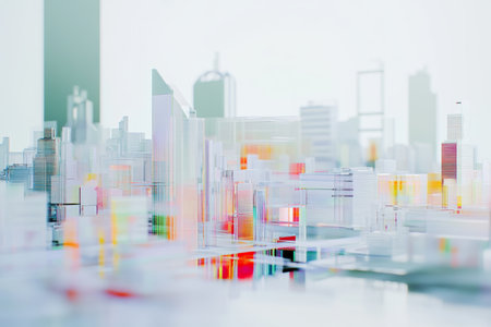 Futuristic cityscape featuring business growth charts on a bright white backgroundの写真素材