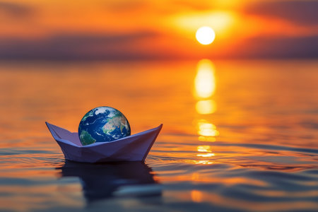 Serene sunset a paper boat carrying earth gently floats on water in a captivating photographの写真素材