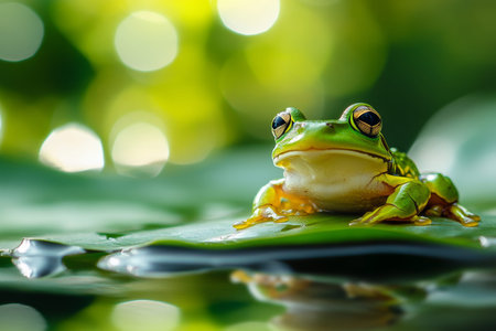 Charming green frog perched on a leaf in a tranquil pond amidst a lush bokeh background