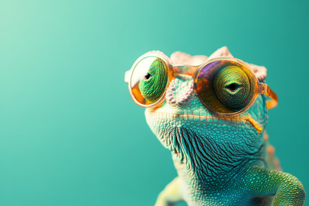 Vibrant chameleon with sunglasses against green backdrop, ample copy space stunning 3d renderの写真素材
