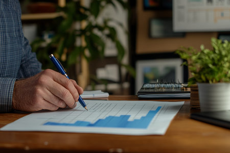 Businessman analyzing financial growth with blue bar chart on office desk in realistic photo