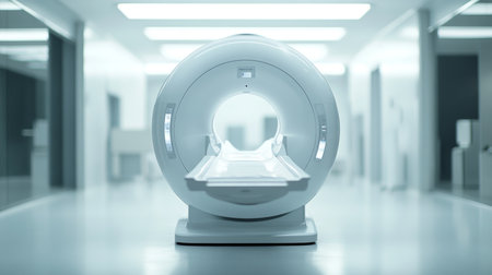 Modern mri machine in a minimalist hospital room with soft color palette and professional lightingの写真素材