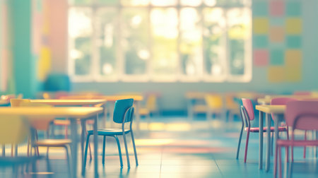 Colorful kindergarten classroom interior with tables and chairs, perfect for school background useの写真素材