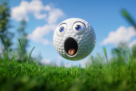 Surprised golf ball with humorous expression soars through blue sky above lush green grassの写真素材