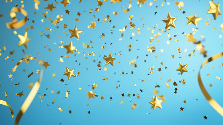 Minimalistic 3d rendering of golden confetti stars and ribbons falling on a blue background