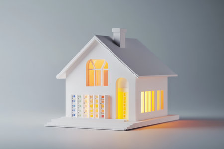 3d model of a house featuring an energy label and color chart on a neutral backgroundの写真素材