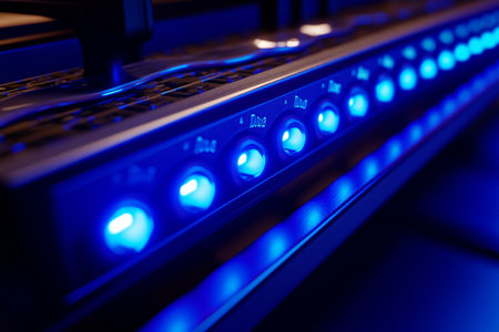 Detailed close up of a server rack illuminated with blue lights captured with a sony alpha a7 ivの写真素材