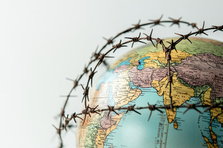 Globe ensnared by barbed wire a visual metaphor for India and China s divided bordersの写真素材