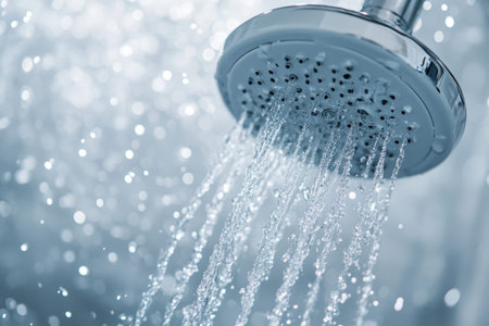 Hyperrealistic showerhead with flowing water in a bathroom setting with space for text