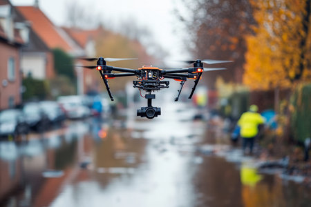 Drone captures aerial view of flood damaged neighborhood with emergency response teams in action