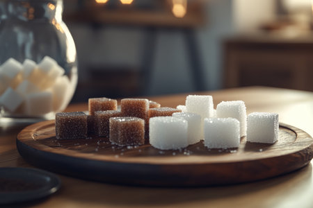 Close up of assorted sugars on a wooden plate with cane sugar cubes in a cozy kitchen settingの写真素材