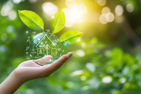 Hand holding energy saving chart with icons of sustainability against green nature backgroundの写真素材