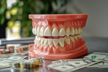 Balancing dental costs and oral health a model of teeth with dollar bills on a tableの写真素材