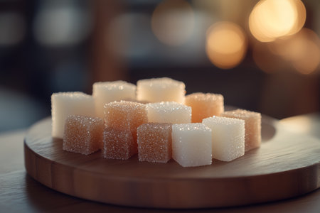 Elegant sugar cubes of diverse shapes on a wooden plate with soft shadows and natural lightingの写真素材