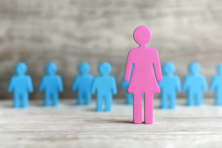A pink female figure stands out among blue male figures, symbolizing gender equality conceptの写真素材