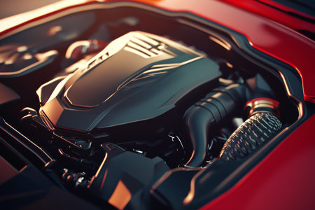 Close up of suv engine bay featuring red accents and matte black air intake in natural lightの写真素材