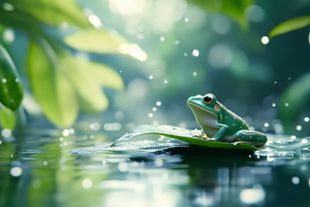 Charming green frog on leaf in water with tropical rainforest and bokeh background for designの写真素材