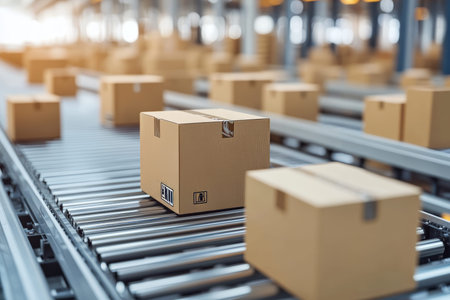 Cardboard boxes on conveyor belt in factory. 3d rendering