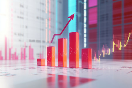 3d render of expanding red bar graph with upward arrow on white background and financial dataの写真素材
