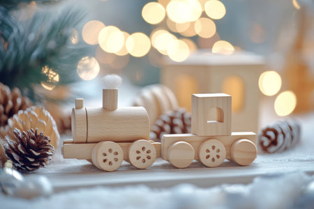 Colorful wooden train and car toys on table with bokeh lights perfect christmas gift for kidsの写真素材
