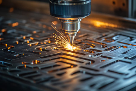 Macro shot of a laser cutting machine creating intricate maze patterns on metal sheet