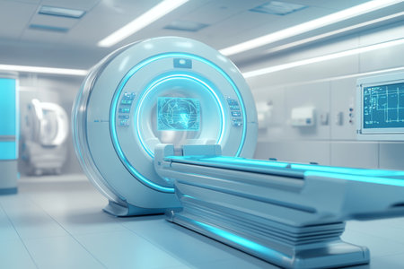 Modern medical device with holographic interface above mri machine in a blue themed hospital roomの写真素材