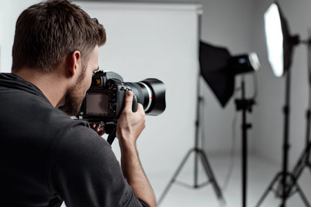 Professional photographer captures portraits in studio using telephoto lens and studio lighting